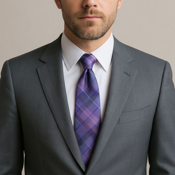 Geoffrey Beene Purple Gray Plaid Silk Tie Necktie Office Party Interview Upgrade - Picture 1 of 3